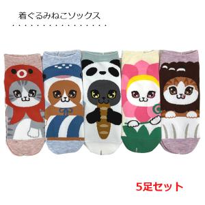 靴下 レディース 猫柄 5足セット 着ぐるみ ねこソックス ショートソックス くるぶし丈 ねこ ネコ 薄手 涼しい 夏用