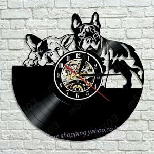 掛け時計 壁掛け時計 犬 フレンチブルドッグ レコード盤 クロック ウォッチ インテリア アート 輸入雑貨 黒 ブラック 30cm｜m5103