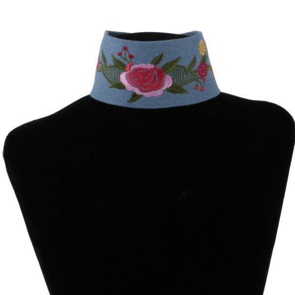 レトロジーンズデニム刺繍花チョーカーパンクゴシックネックレス女性の宝石青