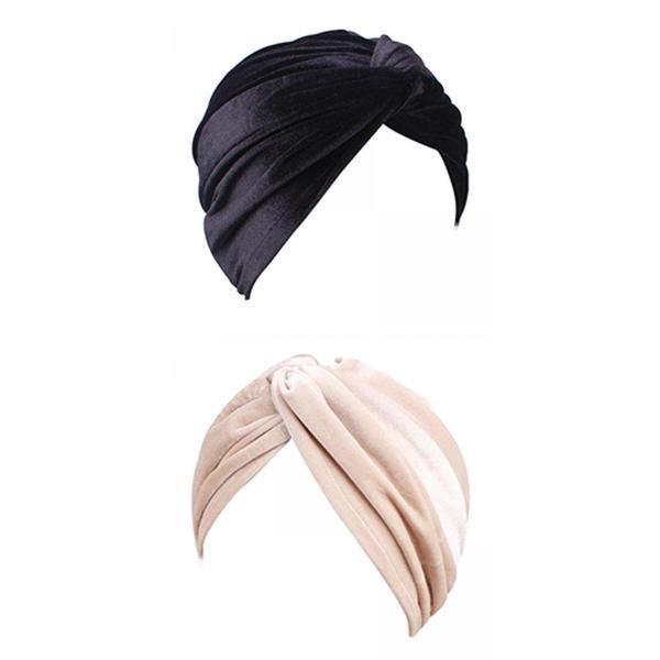 2x女性プリーツターバンハットイスラム教徒の帽子シルキーヘッドラップベルベットキャップ女性用