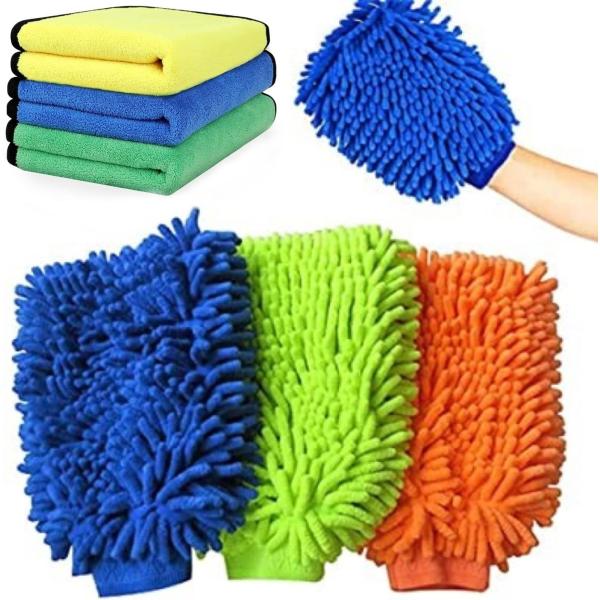 SanDoll 洗車グローブ 洗車セット マイクロファイバークロス 3枚セット 拭き上げ用タオル3色...