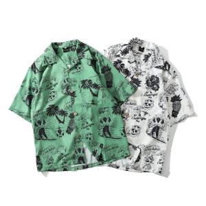 メンズ アロハシャツ カジュアルシャツ 半袖シャツ カラー 柄物 ロック 白 緑 スカル プリントシャツ