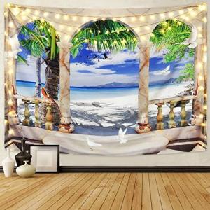 Pknoclan ハワイアン風タペストリー ビーチ壁掛け カモメ ヤシの木 青空 海 自然風景壁飾りム お店 部屋 窓 個性ギフト 150x130cm