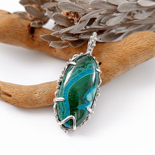 〜アートな天然石〜　クリソコラ・マラカイトのデザインペンダント　天然石アクセサリー　一点物　