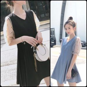 ガーリー系 ワンピースドレス 半袖 ドット柄 透け感 Aライン・フレア ミニ丈 無地 Vネック こなれ感 夏 お出かけ