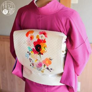 正絹 名古屋帯 召しませ花 一重太鼓 京袋帯 ストライプ花鳥紋 ブラック