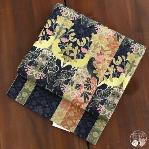 京袋帯 正絹 モードな帯 一重太鼓 鶴紋様 (クリーム×黒) 日本製 鶴の