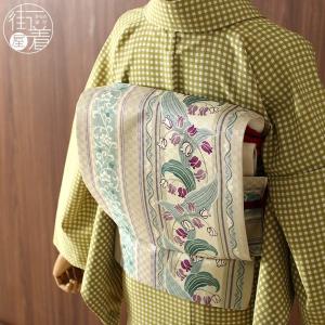 正絹 名古屋帯] 召しませ花 一重太鼓 京袋帯 ストライプ花鳥紋