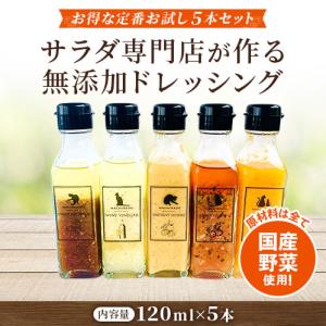 サラダ専門店の無添加ドレッシング　お試し５本セット　120ml　5本　送料無料　無添加　ドレッシング　砂糖不使用　無農薬野菜　お得　お試しセット