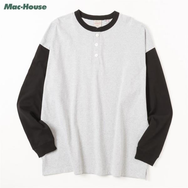 長袖Tシャツ 綿100% メンズ USAコットン ビッグシルエット ゆったり 配色切替 無地 ヘンリ...