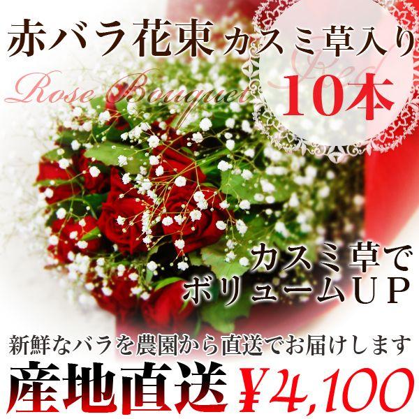 プレゼントに！赤の薔薇 花束カスミ草入り　10本）これぞ バラ花束の王道　/バラ/ばら/薔 薇/花束
