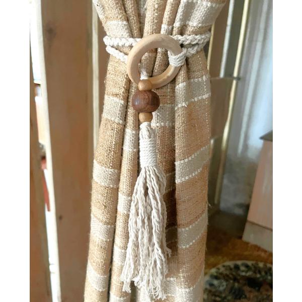カーテンホルダー タッセル カーテン留め 100％コットン ウッドリング、ウッドビーズ付き　1個売り
