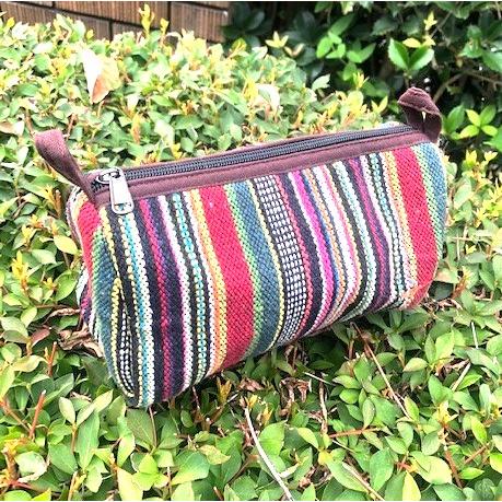 コットン　ポーチ　ストライプ　レッドMIX