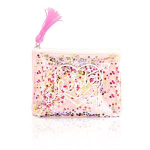 化粧 ポーチ メイク ケース コインケース ラメ ホログラム グリッター が流れる ピンクタッセル ハート 透明 ビニー