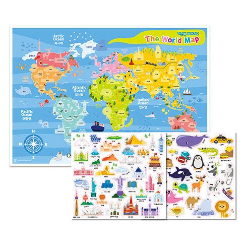 韓国語 幼児向け 本 『キーナンビル付けた群れたステッカーポスター：世界地図』 韓国本