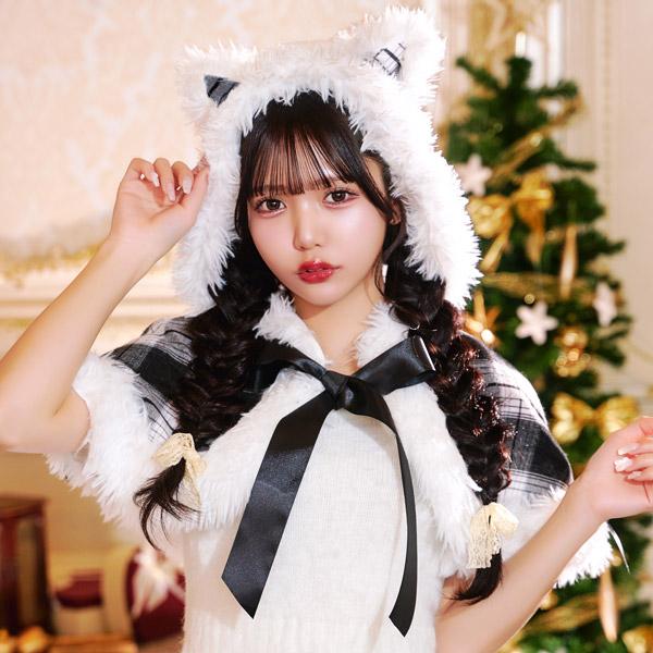 黒チェックキャットケープ サンタ ケープ マント サンタクロース クリスマス コスプレ ブラック