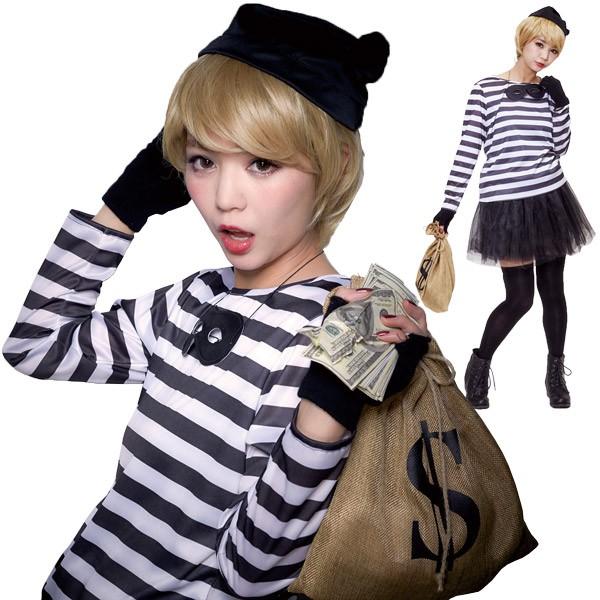 奉仕品 ギャングレディ 怪盗 犯人 泥棒 囚人服 ハロウィン 仮装 コスプレ 衣装 白 黒 大人用 ...