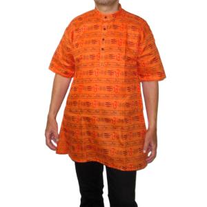【送料無料】インド製サンスクリット メンズシャツ L 半袖 オレンジ シヴァ神 大黒天 デーヴァーナーガリー文字｜mahanadi