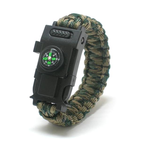 パラコードブレスレット　迷彩柄　多機能(サバイバルツール) ロープ/照明/コンパス/笛/ナイフ/ファ...