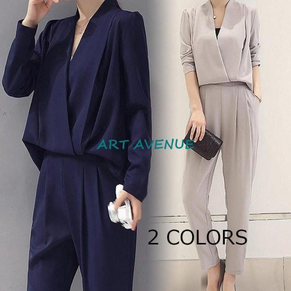パンツスーツ 2点セット セットアップ Vネック 体型カバー 着痩せ 大きいサイズ ママ 母親 卒園...
