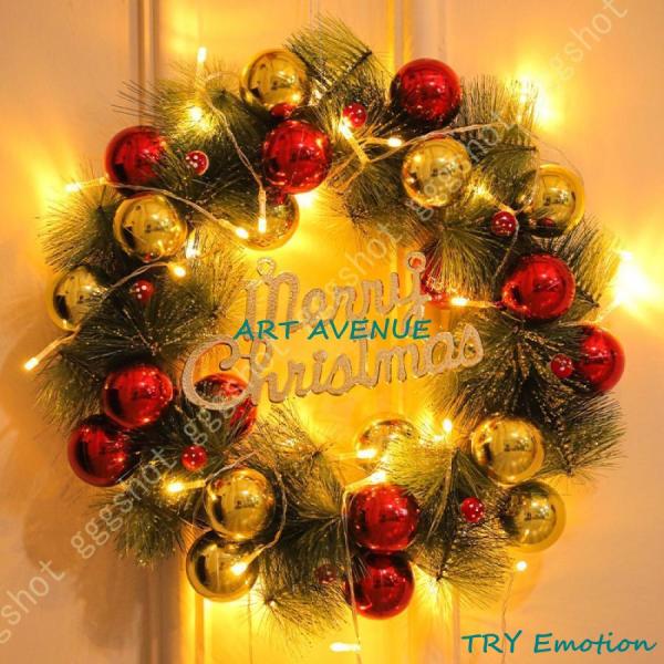 ライト付きクリスマスリース 玄関ドア用 クリスマスドアリース装飾 ボールオーナメント 花 松ぼっくり...