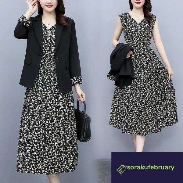 ワンピーススーツ レディース 2点セット テーラードジャケット 長袖 オシャレ OL 通勤 着痩せ ...