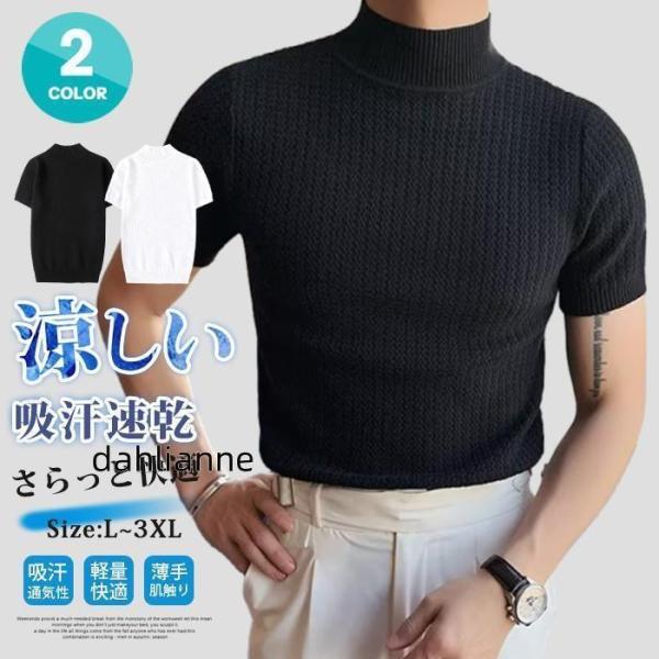 サマーニット メンズ Tシャツ 半袖 トップス ニット 春 ハイネック カットソー 夏服 吸汗 通気...