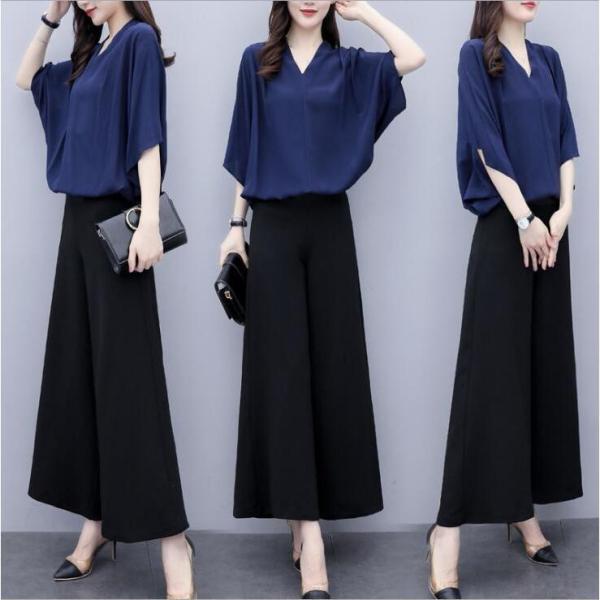 セットアップ レディース 春夏 オシャレセットアップ 半袖ブラウス 九分丈ワイドパンツ シフォン上下...