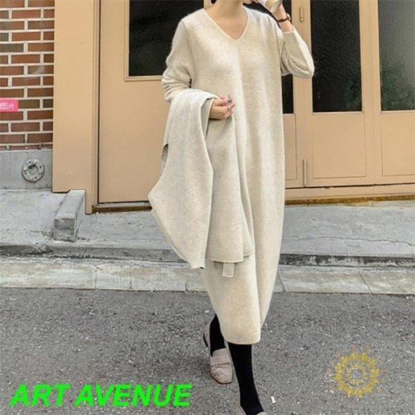 ロングワンピース ニットワンピース 秋 冬 レデース ワンピース 長袖 ロング丈 黒 無地 体型カバ...