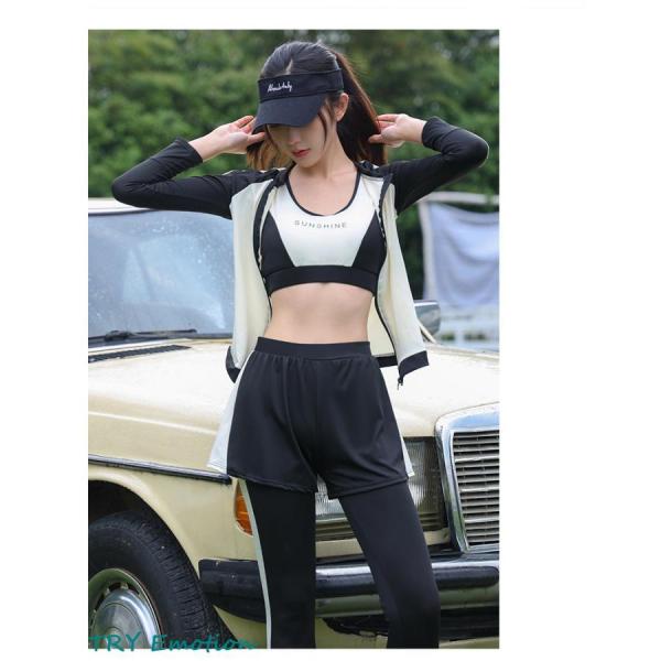 フィットネス水着 レディース 体型カバー 長袖ラッシュガード ビキニ ショートパンツ レギンス 5点...