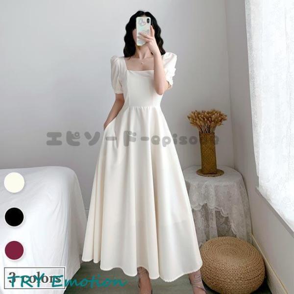 半袖ワンピース レディース ワンピース スクエアネック レトロ ロングワンピ 夏 ドレス 半袖 マキ...