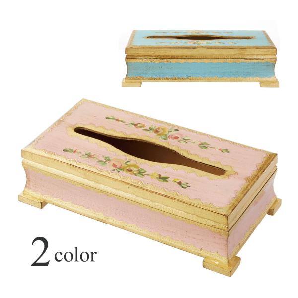 ティッシュボックス  おしゃれ  アンティーク 風 花 上品 木製 イタリア製 ゴールド ピンク ブ...