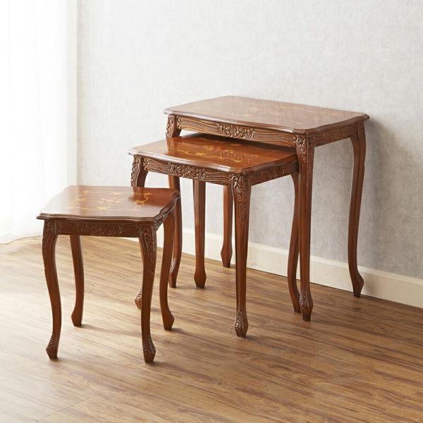 タロッコ ネストテーブル3台セット 幅56cm/ イタリア製 アンティーク風 クラシック 天然木 猫...