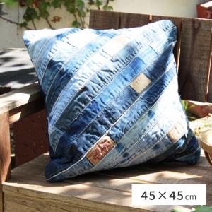 東谷 クッション 45×45 デニム コットン 正方形 パッチワーク ブルー
