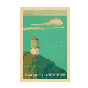 ニックカッチャー ハワイトラベルプリント　Makapuu Lighthouse, Oahu【Nick Kuchar  nickkuchar  ハワイ ハワイアンアート ハワイアン雑貨  ポスター 絵】｜Ma kai ヤフーショップ