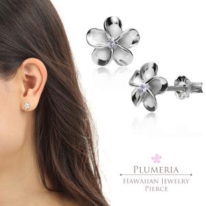 ハワイアンジュエリー jewelry ピアス pierce シルバー925 ロジウム コーティング ジルコニア | スタッド キャッチ式 プルメリア 花 波 レディース｜makanilea-by-lma