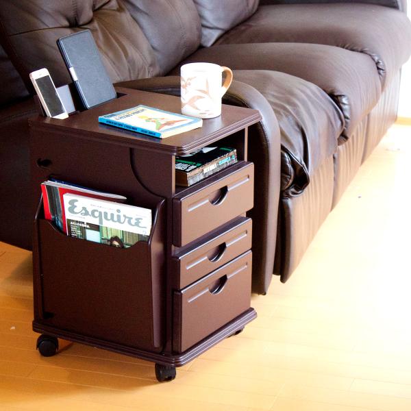 モバイルスタンド付多機能サイドテーブル  木目調ナチュラル チョコレートブラウン  リビングワゴンテ...