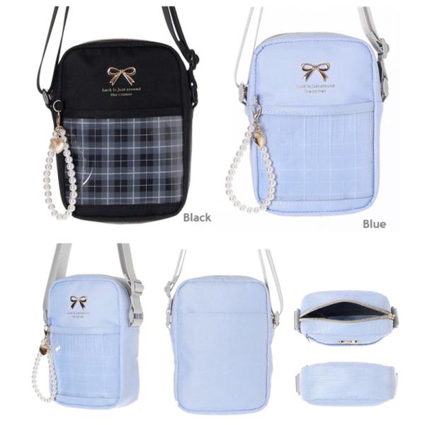 Coboca+ポリPVCチェックリボンパール付縦ショルダー ポシェット　チャーム付き　　ショルダーバ...