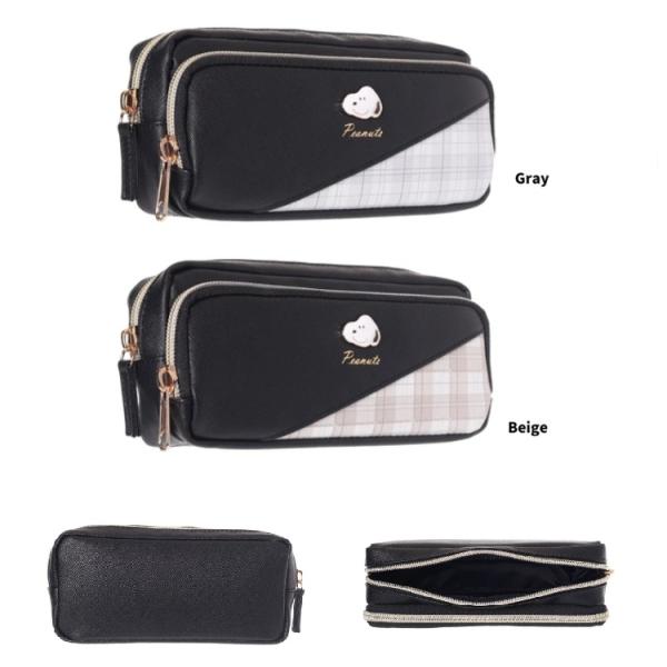 SNOOPY合皮チェックバイヤス前ポケット付ポーチ　スヌーピー　ペンポーチ　ペンケース　多機能ポーチ...