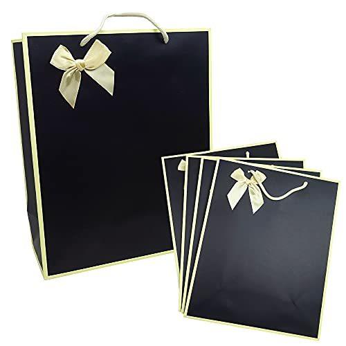 ☆令和最新デザイン☆ ギフトバッグ 紙袋 厚手 リボン付き ラッピング袋 (5枚, ブラック)
