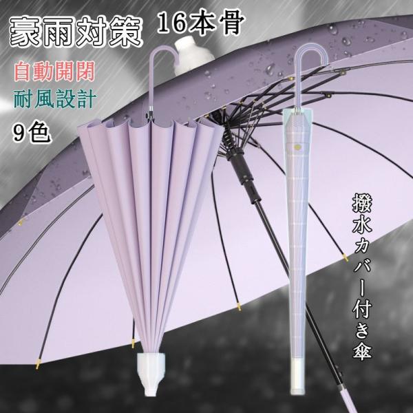 撥水カバー付き 傘 長傘 スライドカバー メンズ レディース 大きい 16本骨 高強度グラスファイバ...