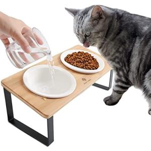 猫食器 ネコボウル ねこエサ入れ 食器スタント スタンド ねこ給食 ペット ボウル フード用 スタンド 竹製 ねこ ご飯台 陶製 フードボウル ダブル