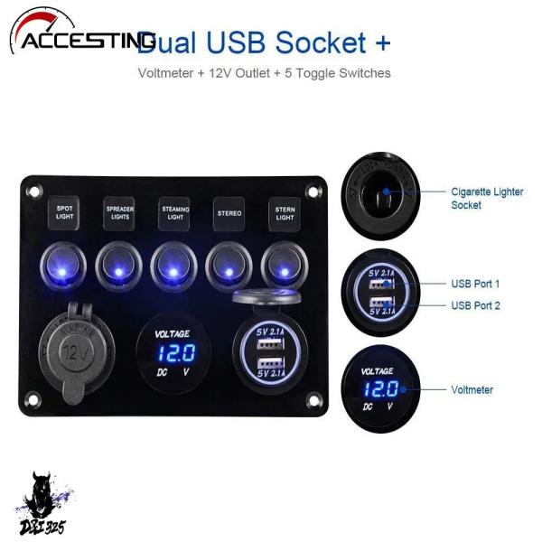 【互換品】 12 V ボート led ロッカースイッチパネル電圧計マリン5ギャングスタートストップボ...