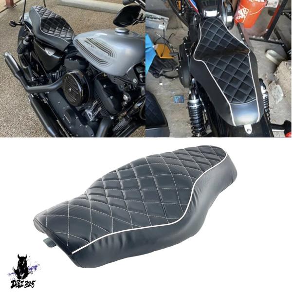 互換品  黒菱形バイク Pu レザーツーアップ運転席助手席ピリオンクッションシートハーレースポーツス...