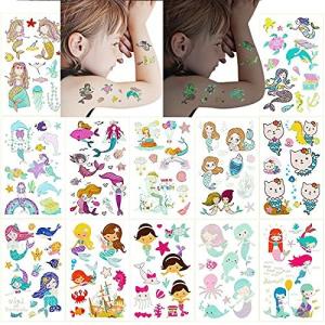 Fanoshon タトゥーシールこども 人魚 暗い光る パーティー用品 子供の一時的なマーメイド入れ墨 12枚海の下 発光 輝く ボディシールステッカ