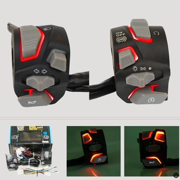 バイク スイッチホーンボタン ウインカー フォグライト スタート LED付きバーコントローラー ホン...