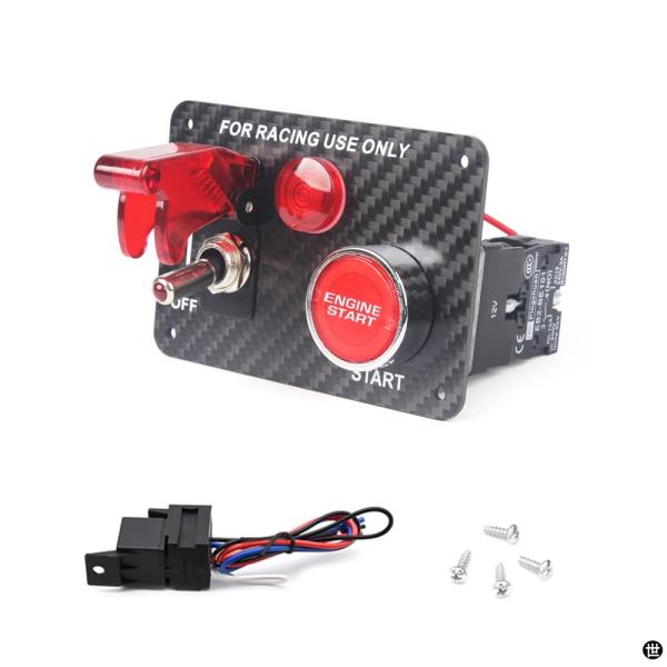 トゥルーカーボン 12V LED トグルイグニッションスイッチパネル エンジンスタートプッシュボタン...