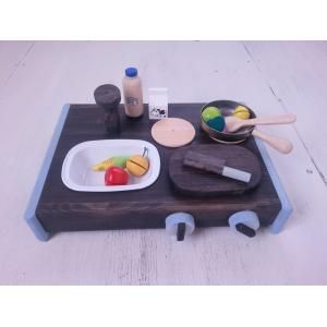 ハンドメイド☆卓上キッチン ままごとキッチン 卓上 木製 手作り 卓上キッチン 水色 ブルー