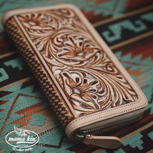 ラウンドファスナー カービング ウォレット 長財布 バスケット柄