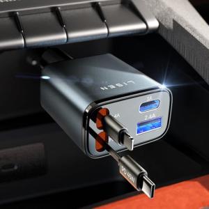 LISEN 車 充電器 巻き取りしがーソケット usb【2026年新・69W急速充電・最小4in1】シガーソケット USB-C + USB-L